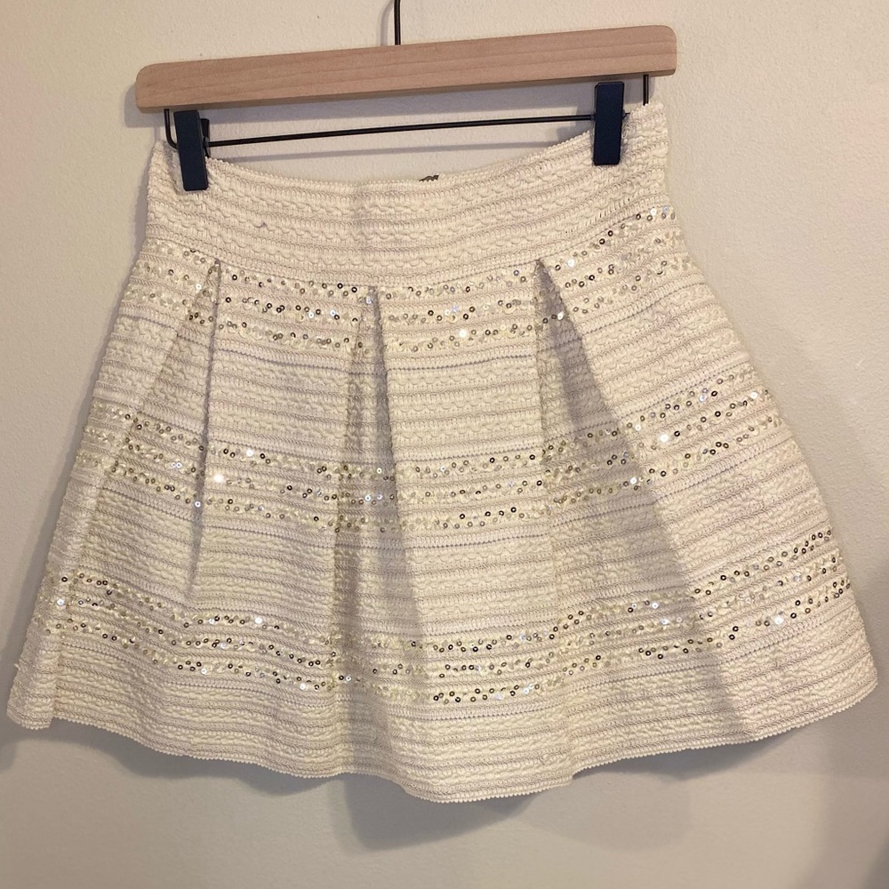 Ginger G Pleated Cream Sequin Tweed Mini Skirt Party Size Large - Picture 2 of 8